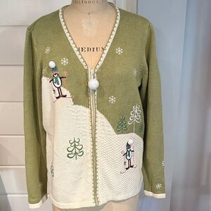 Vintage Christopher & Bank Christmas skiing penguin Sweater XL